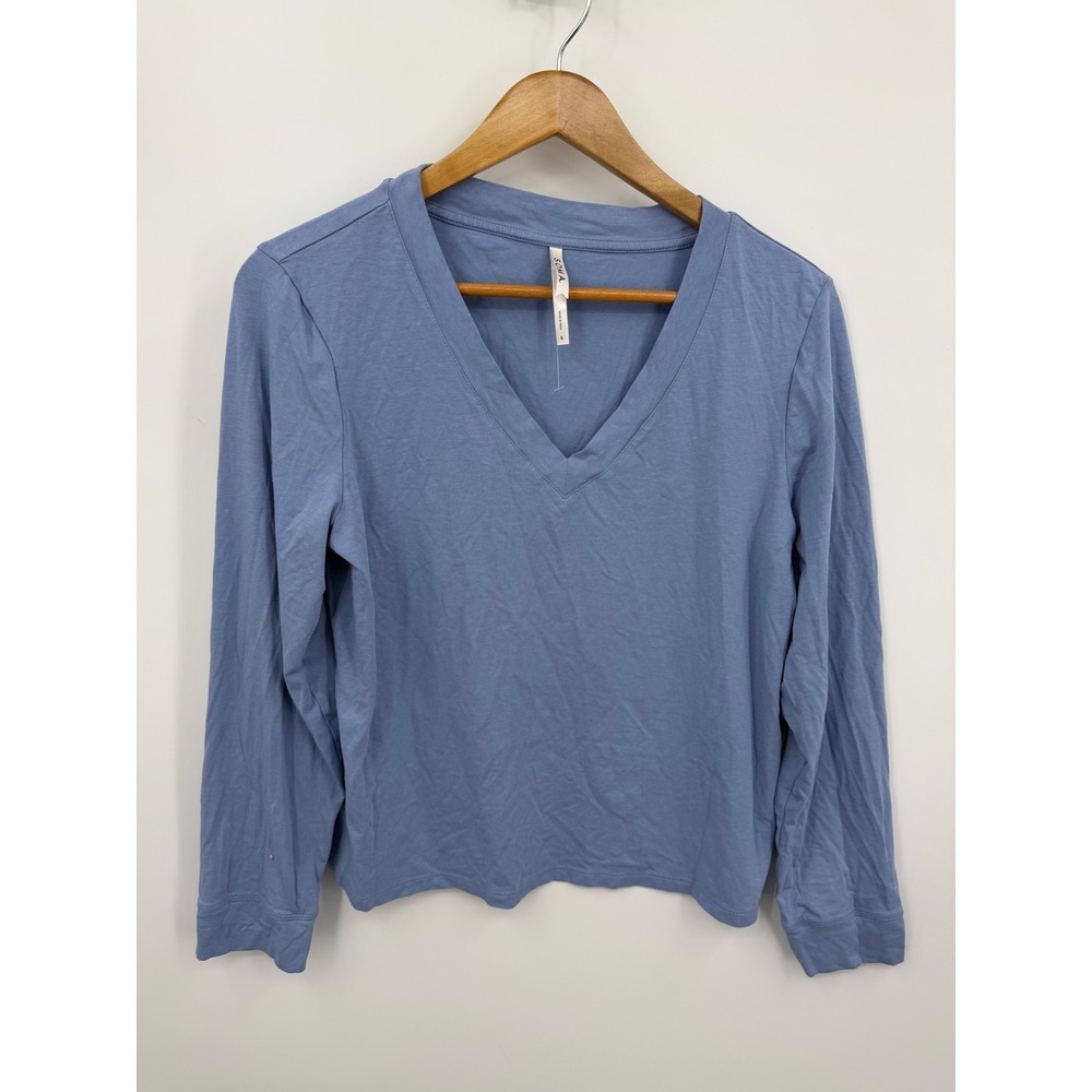 Soma V-Neck Long Sleeve Top Women Small Blue Lightweight Soft Basic Slit Hem